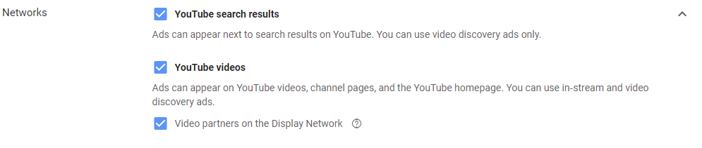 choices of networks for video ads for youtube ad campaigns