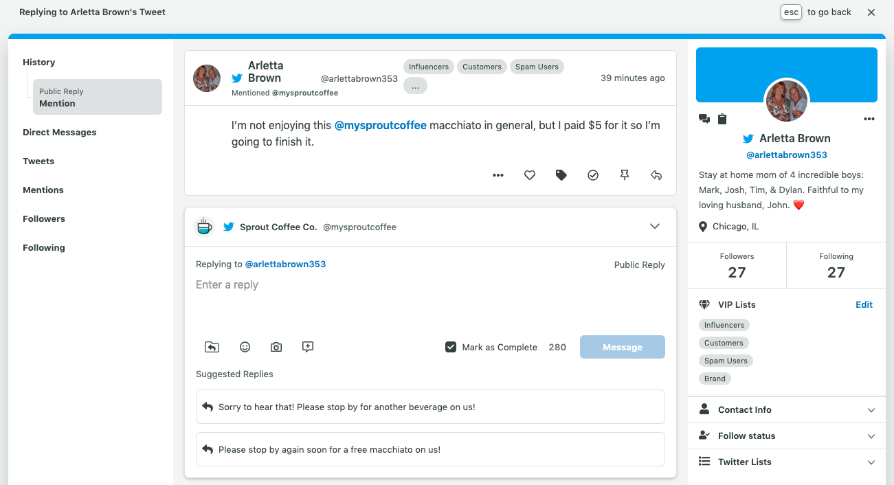 Sprout's Suggested Replies can speed up your social media response time and reduce time spent writing manual messages