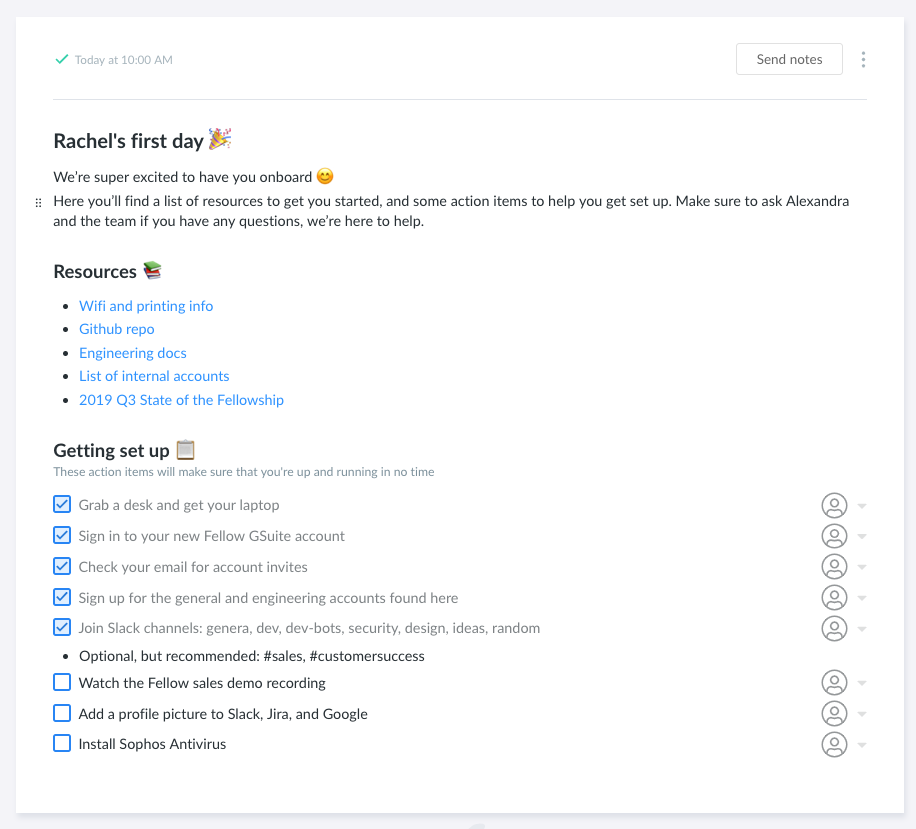 An example of detailed collaborative onboarding checklist and resources that can boost employee engagement long-term.