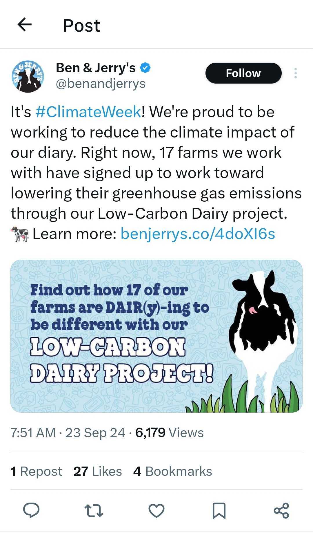 Ben & Jerry's tweet about a global cause aligned with their brand: #ClimateWeek.