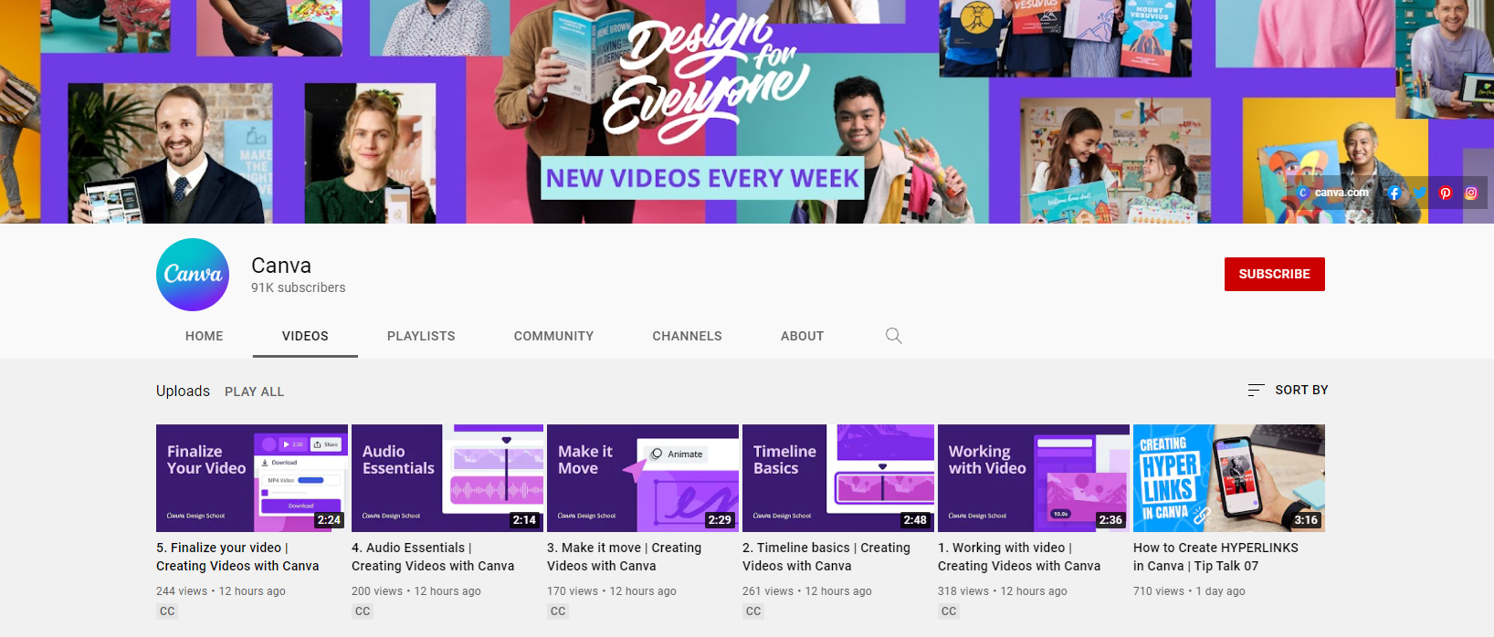 Example of branding on Canva's YouTube channel.