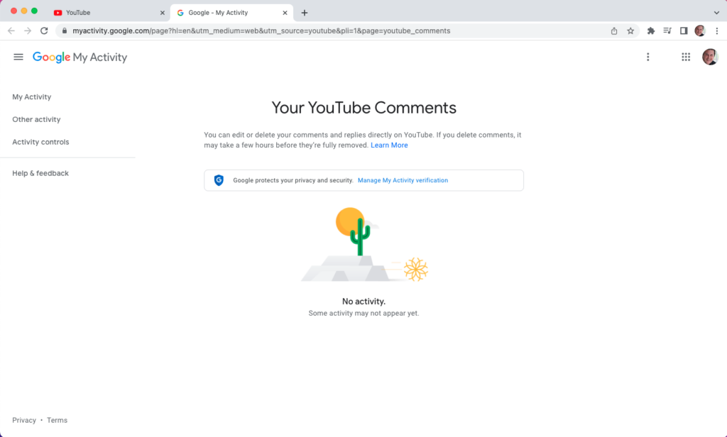 Screenshot of a user's YouTube comments history dashboard.