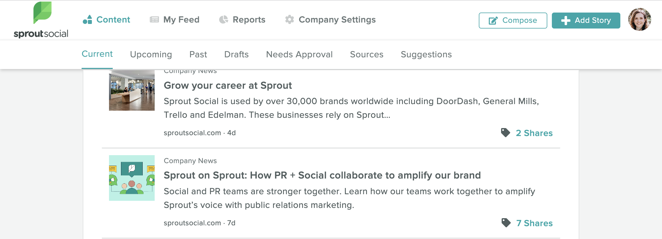 Sprout's Employee Advocacy platform where you can see the "Add Story" button in the upper right corner of the image.
