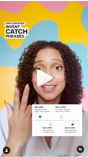 A Sprout Instagram Reel featuring an employee against a colorful background wall as she describes the premise of an article she wrote about what marketers can learn from Megan Thee Stallion. 