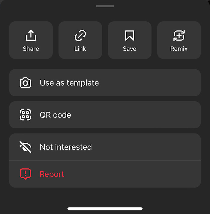 The Instagram Reels display that allows you to select the option to turn a Reel you're watching into a template.