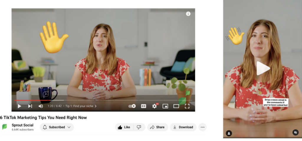 A Sprout YouTube video next to a vertical Reel repurposing a clip from the longer YouTube video. The video is of a woman in an orange shirt with long brown hair sitting at a desk with a hand wave emoji displayed next to her on the screen.