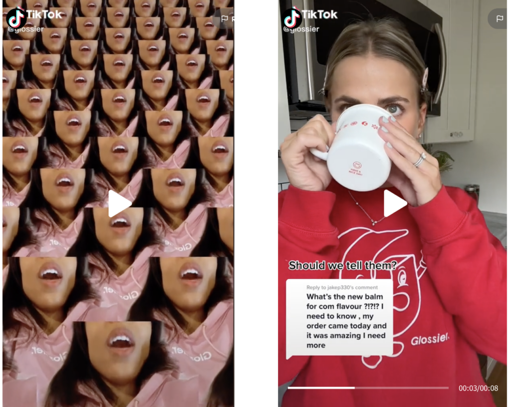 One of Glossier's old TikTok videos next to a more updated, newer TikTok video on their channel that displays a clearer strategy.