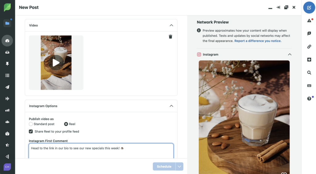 Sprout's new post compose feed. In this window, a short form vertical video has been added as an asset and a caption has been added. This clean display demonstrates how you can schedule Instagram Reels, Stories and content in Sprout.