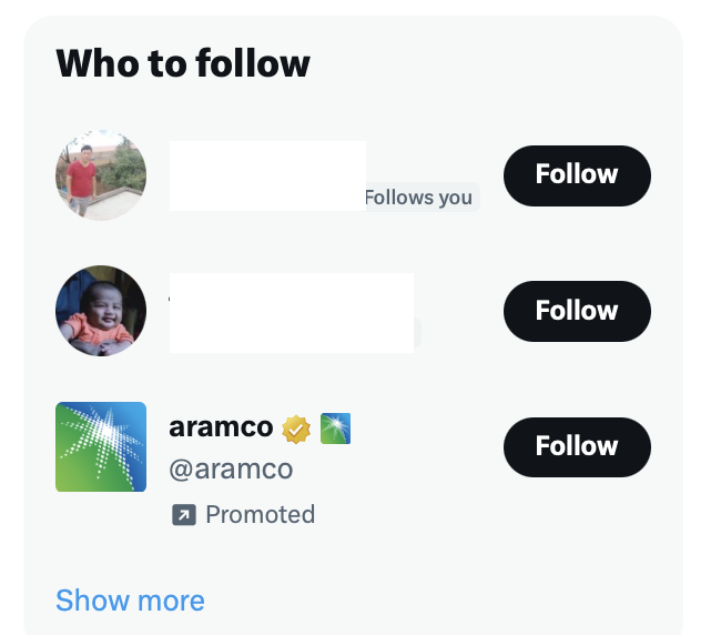 "Who to follow" with a list of three account including Aramco as a Promoted account