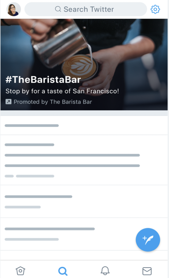 A Twitter Takeover+ ad from The Barista Bar with an image of someone pouring coffee