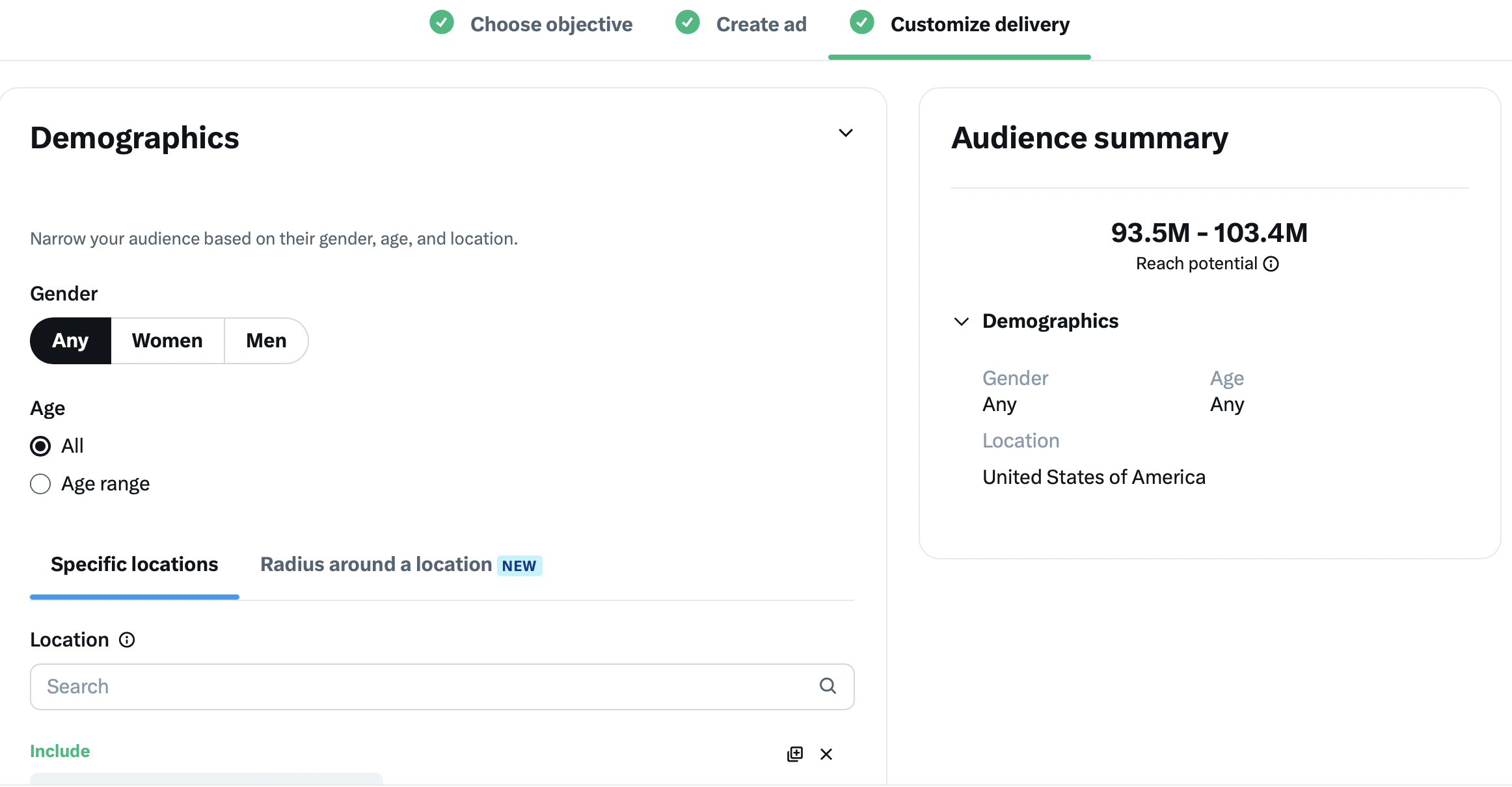 Twitter ad delivery customization screen with different demographics targeting options
