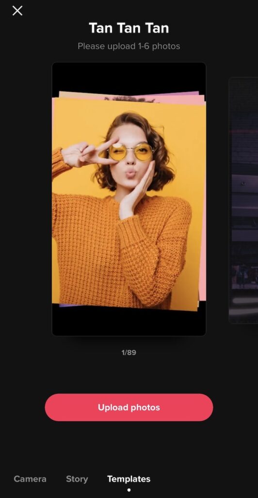 The TikTok templates interface where you can select pre-made templates to easily create your own content and streamline your process.