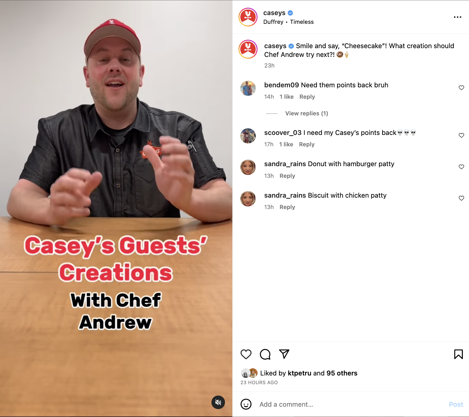 A screenshot of a TikTok from Casey's featuring their content series. "Casey's Guests' Creations with Chef Andrew".