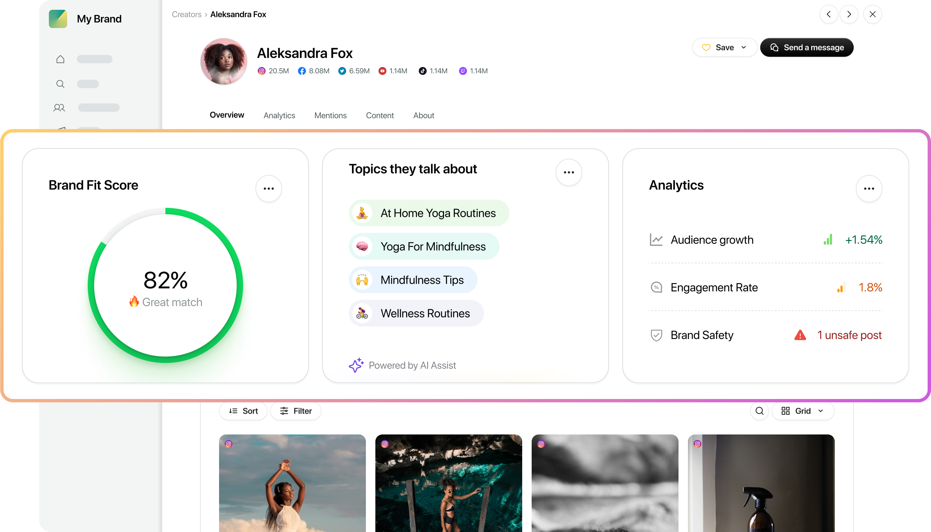 A view of the Brand Fit Score functionality in Sprout Social Influencer Marketing.