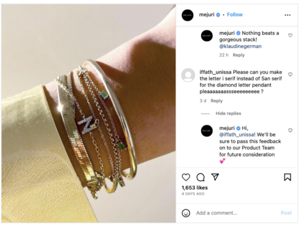 Screenshot of Mejuri's Instagram post showing customer engagement
