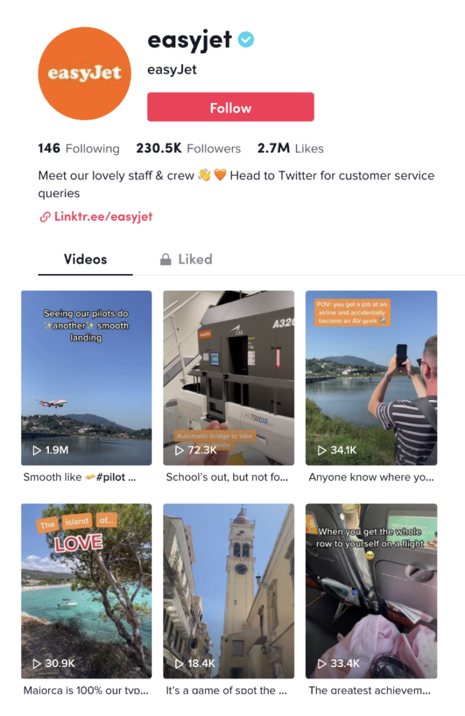 Screenshot of easyJet's TikTok account