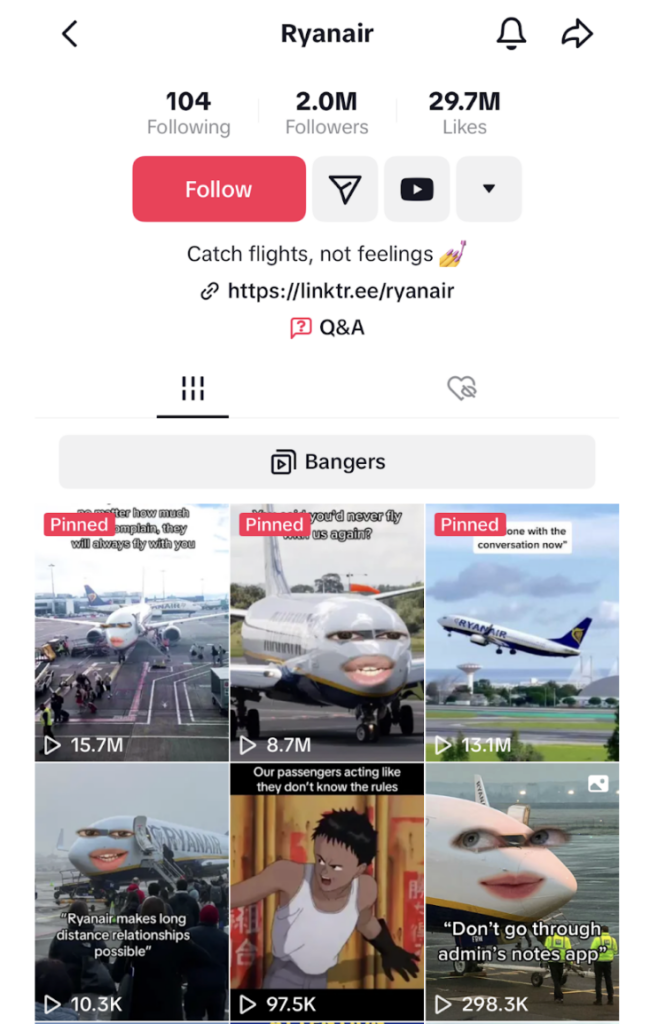 Screenshot of Ryanair's TikTok account
