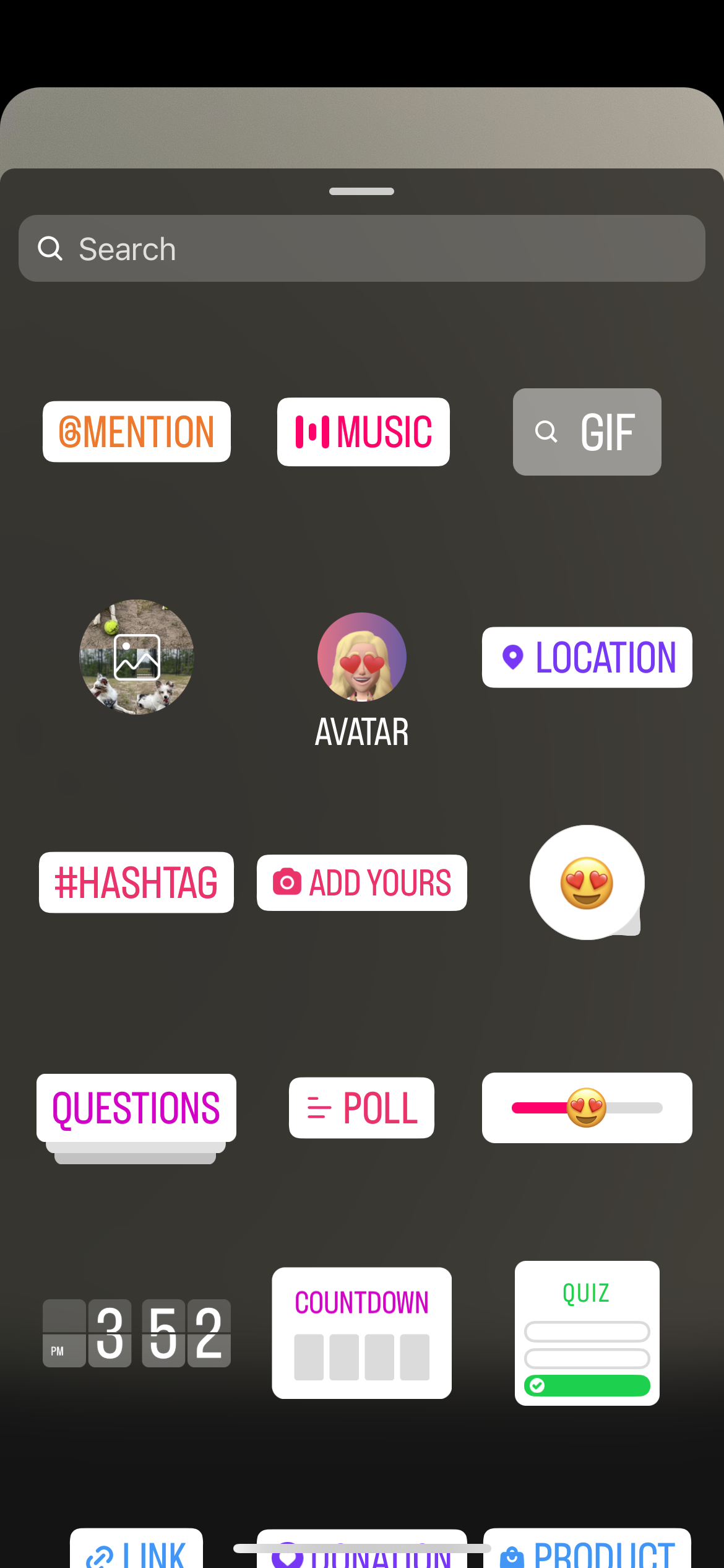 A screenshot of the stickers menu in Instagram stories
