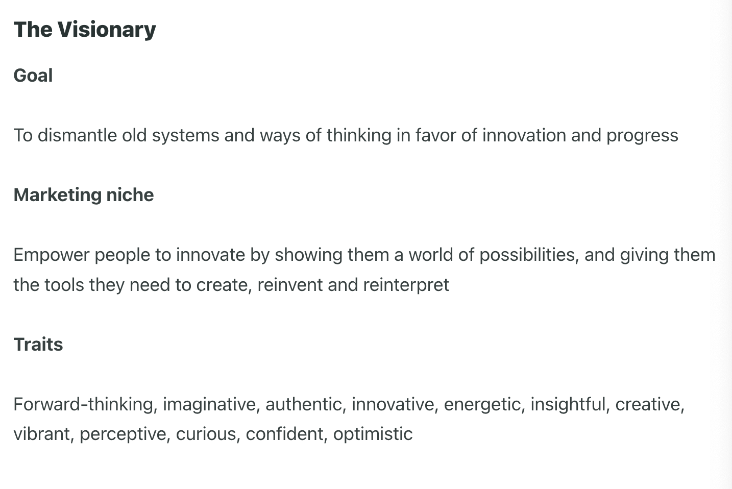 Screenshot from Sprout's Seeds brand guide detailing the goal, marketing niche and traits of the Visionary archetype.