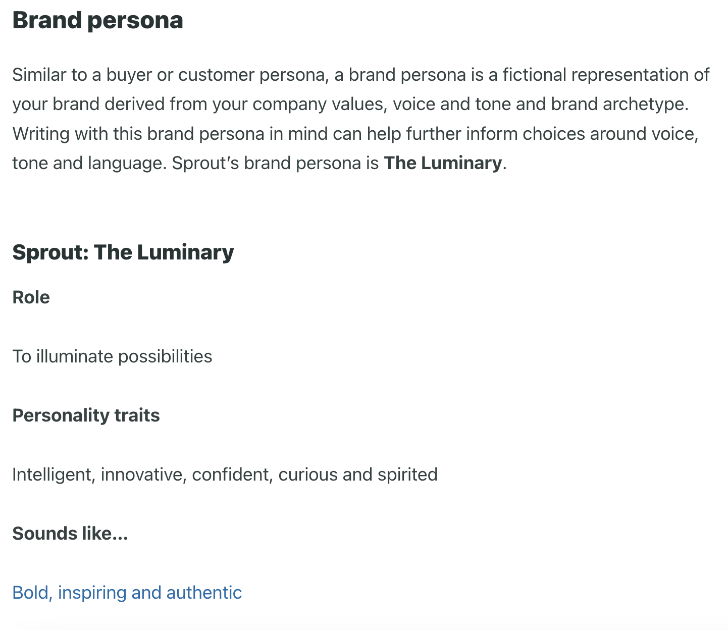 Screenshot from Sprout's Seeds brand guide describing the role, personality traits and sound of the Luminary brand persona.
