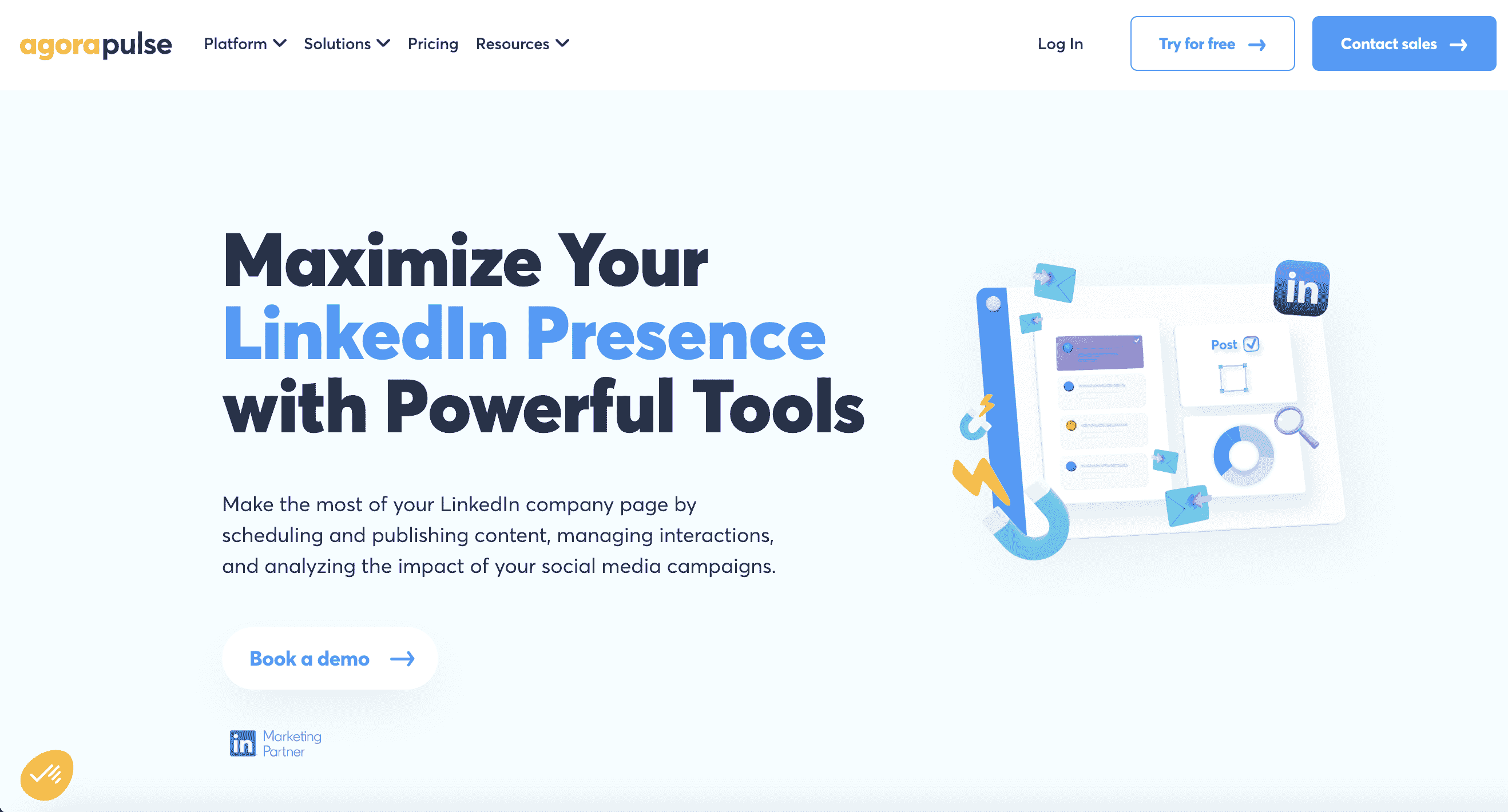 A screenshot of a website for a service that helps users maximize their LinkedIn presence. The text on the website reads: "Maximize Your LinkedIn Presence with Powerful Tools. Make the most of your LinkedIn company page by scheduling and publishing content, managing interactions, and analyzing the impact of your social media campaigns. Book a demo". The image depicts a computer screen with a blue bar at the top and a white background. There are three cards visible, one with a post checkmark icon, another with a pie chart, and another with a list of comments. The screen is also adorned with a yellow lightning bolt, a blue magnet, and a blue envelope. In the top right corner is the LinkedIn logo.