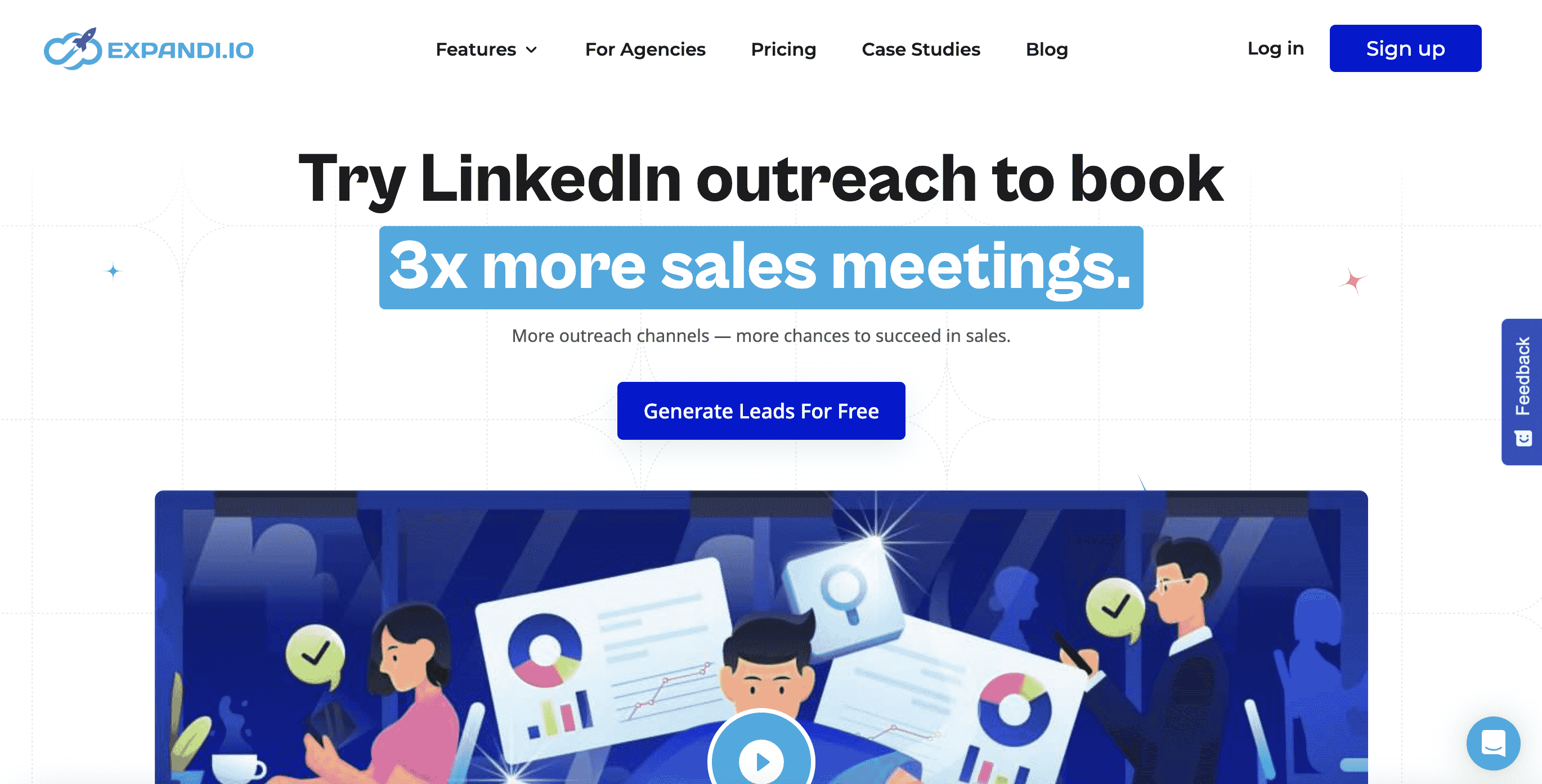 A blue and white webpage with the headline "Try LinkedIn outreach to book 3x more sales meetings." There's a blue button that says "Generate Leads For Free" and an illustration of a team of people working on their computers and using charts to track their progress.