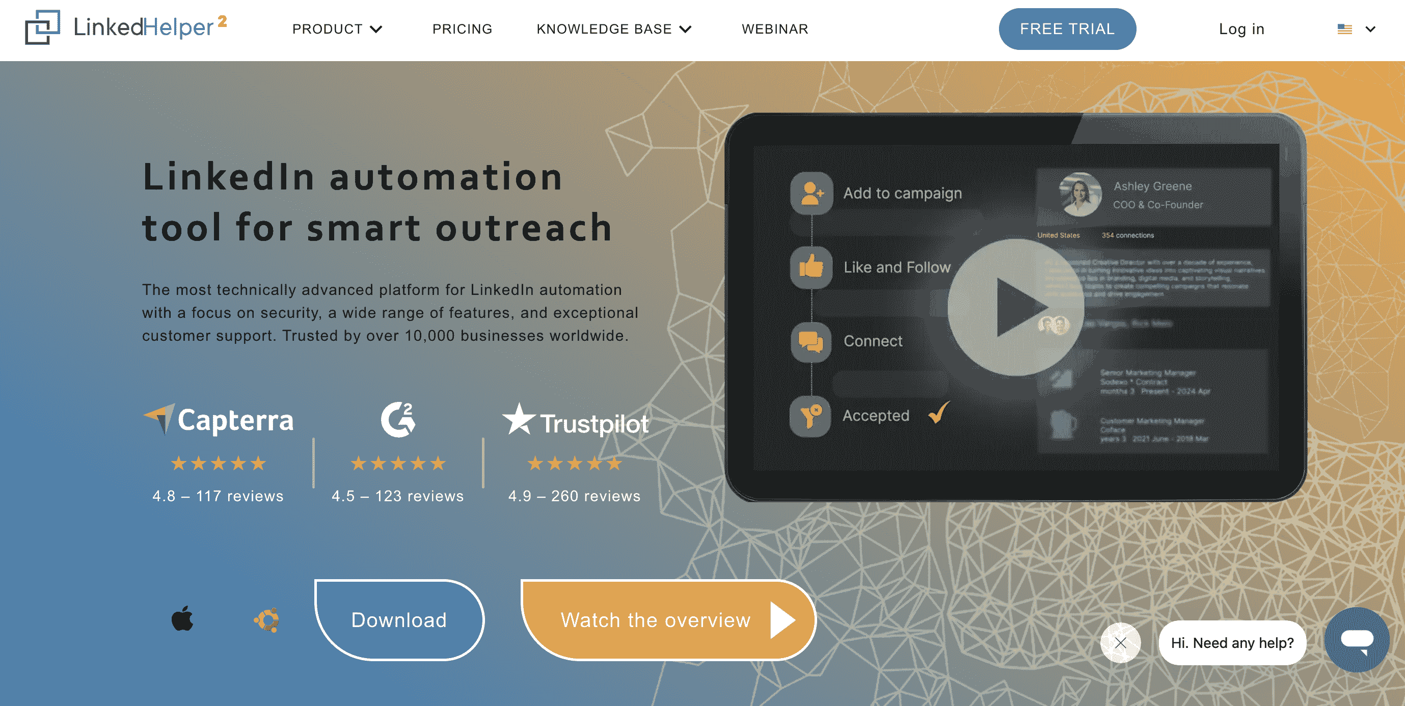 A blue and orange website for LinkedHelper, a LinkedIn automation tool. The site displays the company's logo and tagline "LinkedIn automation tool for smart outreach." The website also showcases the platform's features, user reviews, and a call to action to download or watch a video overview. A help bubble is at the bottom right.