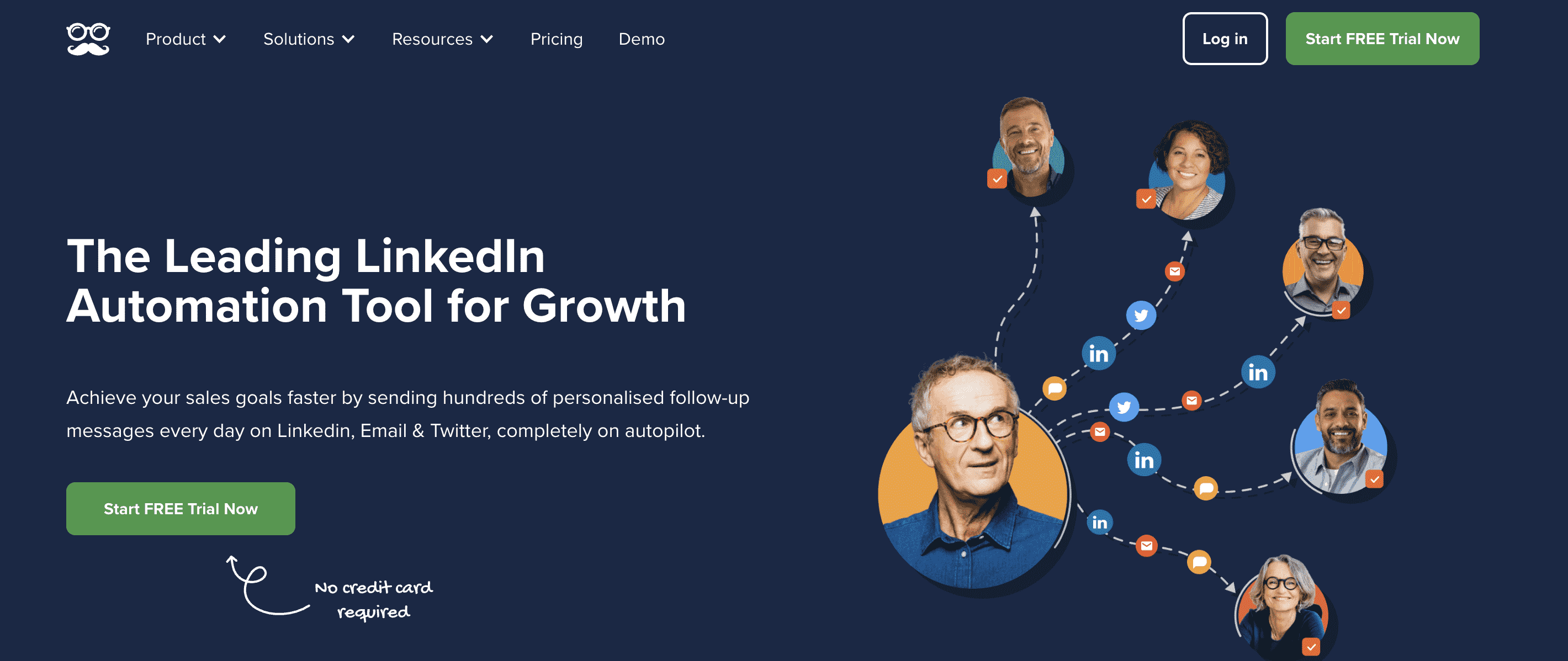 A rich, deep blue webpage promoting a comprehensive automation tool for LinkedIn, email, and Twitter messaging. The central image depicts a person seamlessly sending messages across these platforms. The bold text proclaims "The Leading LinkedIn Automation Tool for Growth" and "Achieve your sales goals faster by sending hundreds of personalized follow-up messages every day on LinkedIn, Email & Twitter, completely on autopilot." The call-to-action buttons "Start Free Trial Now" and "Log in" are prominently displayed, with the assurance "No credit card required" placed just below the "Start Free Trial Now" button.