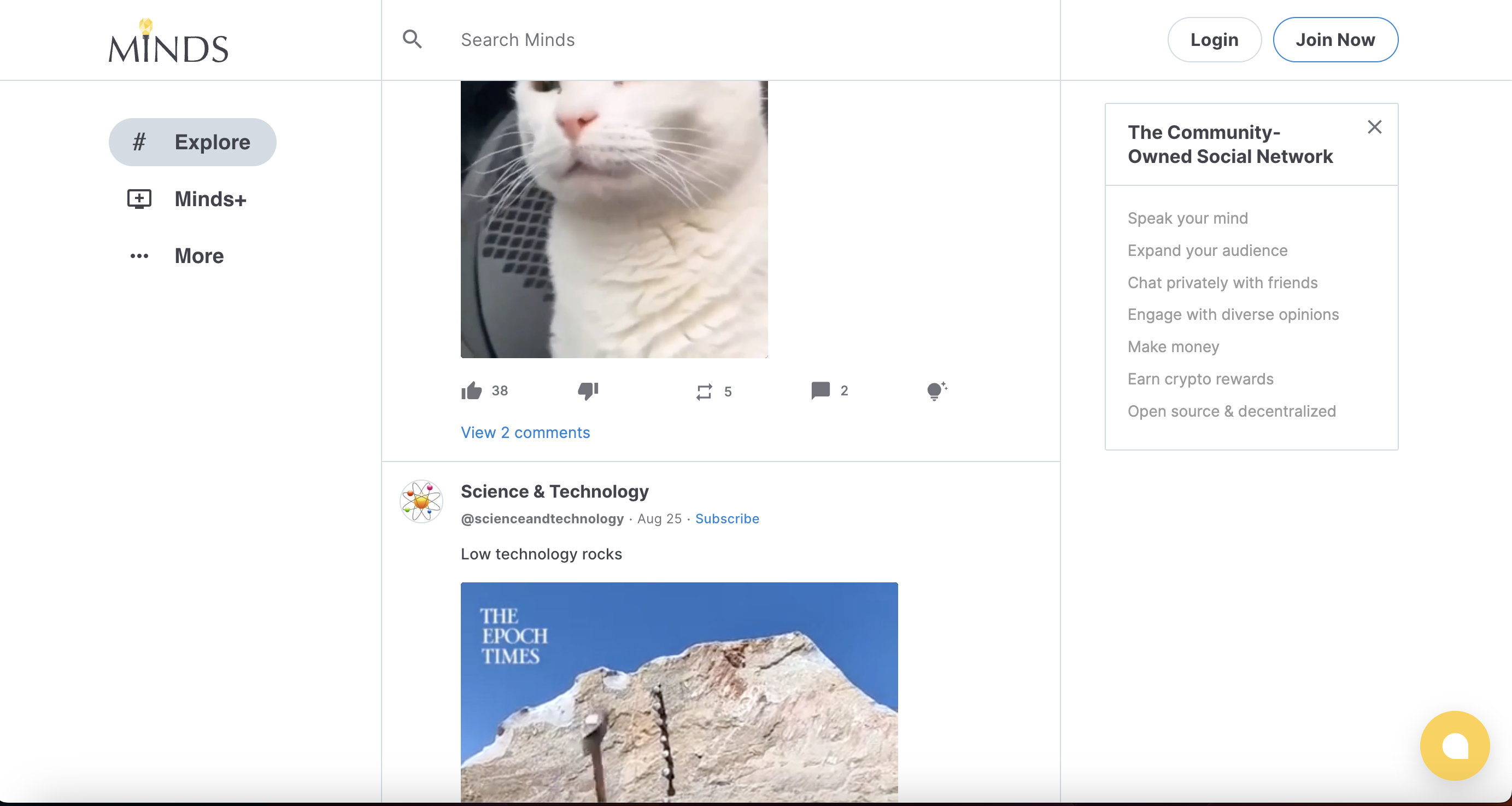 The website for Minds, a decentralized social media platform. The screenshot includes posts from users, and a pop-up box that reads: The community-owned social network.