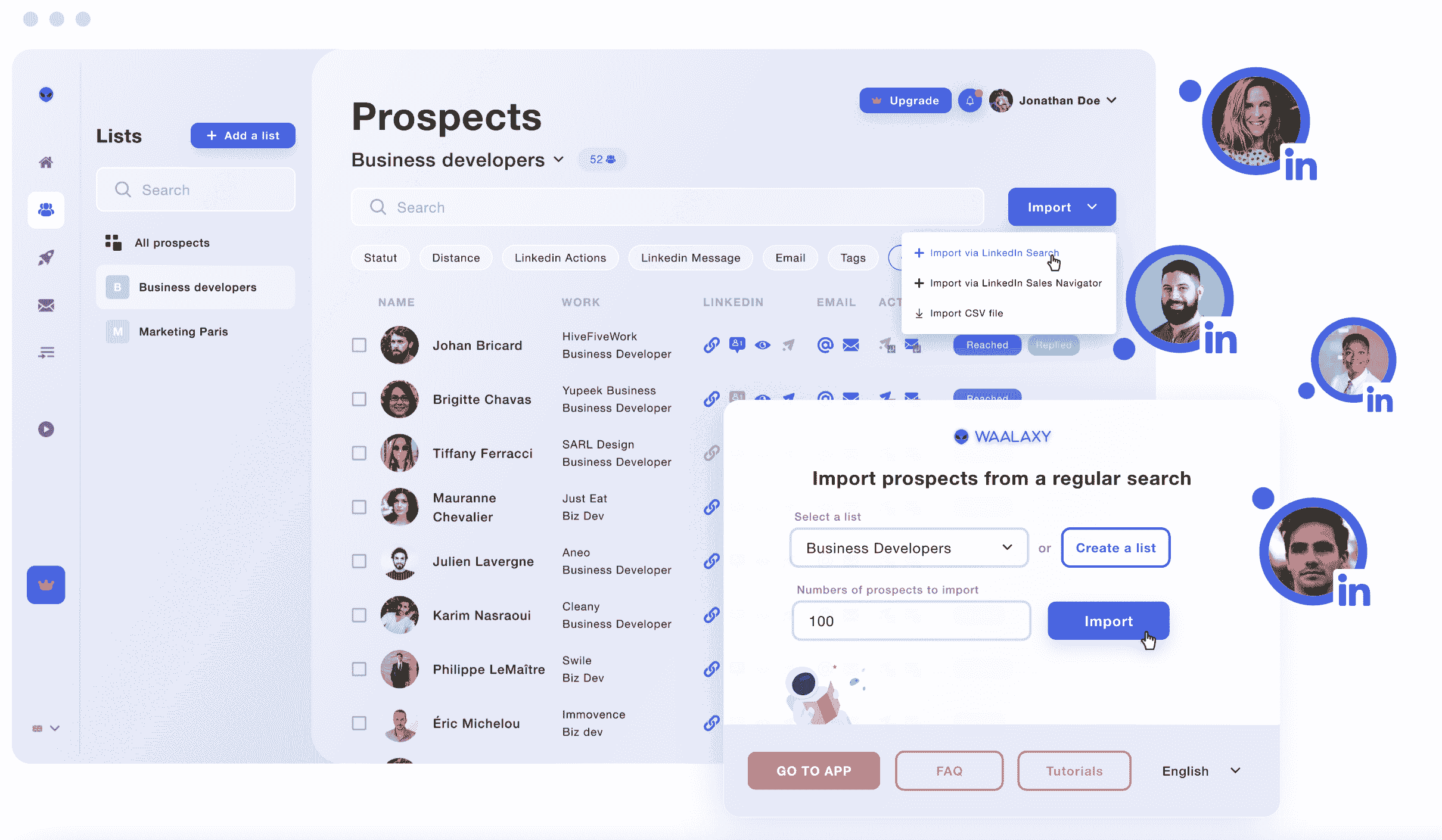 A screenshot of a software interface featuring a business developer list with their contact details, accompanied by a sidebar offering options to add a list, search for prospects, and import contacts from LinkedIn or a CSV file. The interface also includes a button to access the app, a FAQ section, tutorials, and a language selector. The color scheme is a harmonious blend of blue and purple, with icons for LinkedIn, email, and a rocket adding a touch of visual interest. The alt text should also describe the presence of individual profiles, complete with names and the LinkedIn logo.