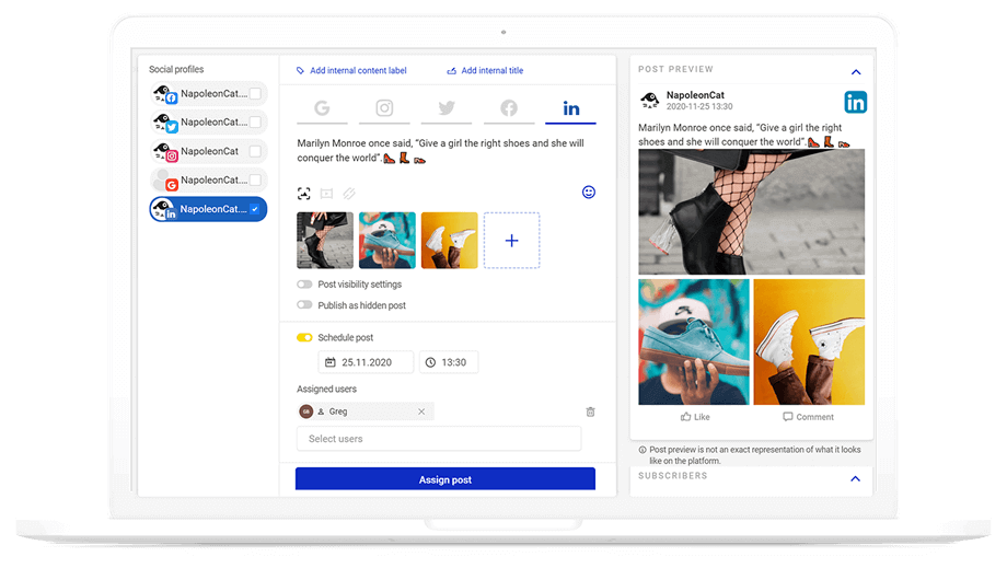 LinkedIn post draft on NapoleonCat with time selector for scheduling