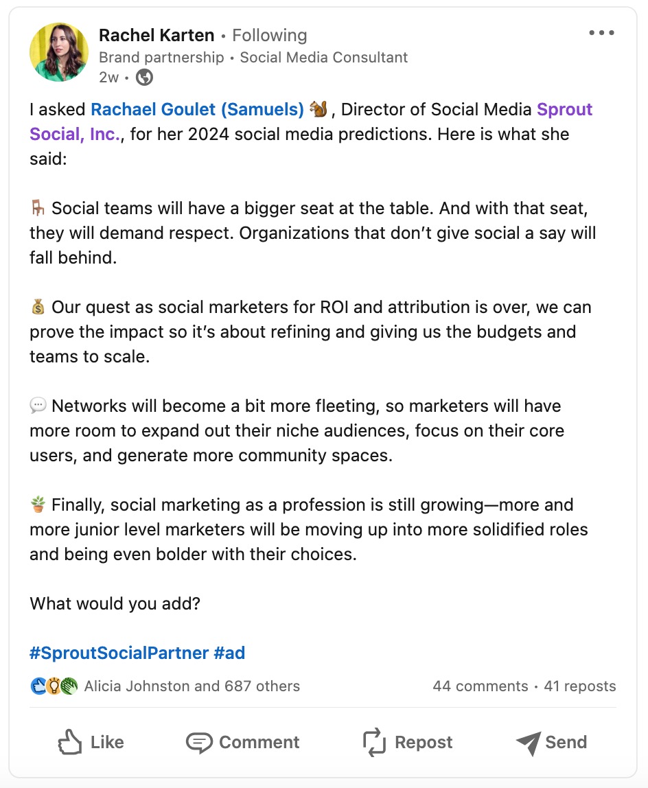 A LinkedIn post from Rachel Karten listing social media predictions from Sprout Social’s director of social media