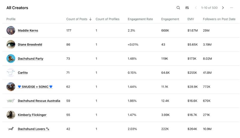 A list of all creators and their campaign metrics, including post counts, followers, engagement and EMV