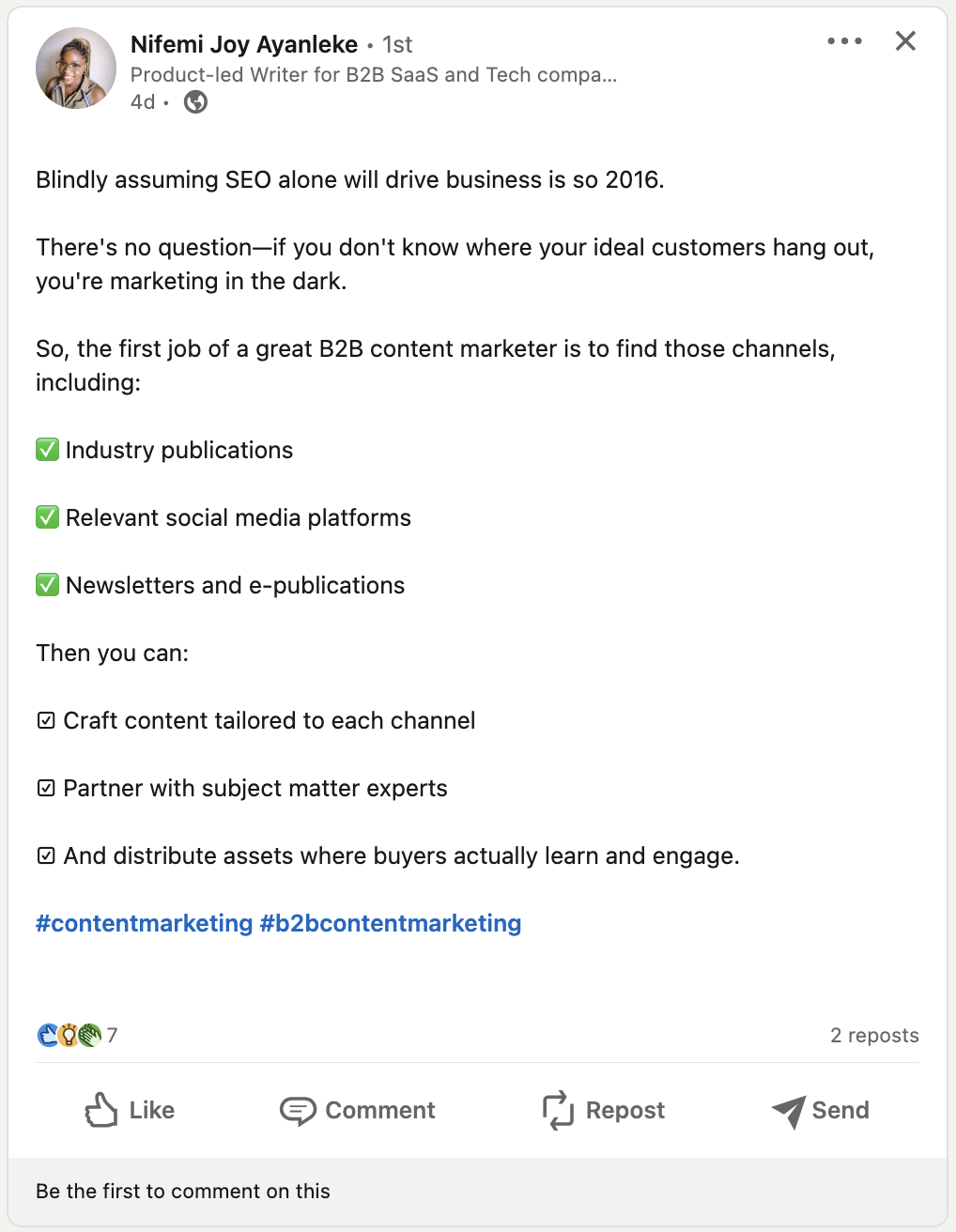 A screenshot of a LinkedIn post from user Nifemi Joy Ayanleke