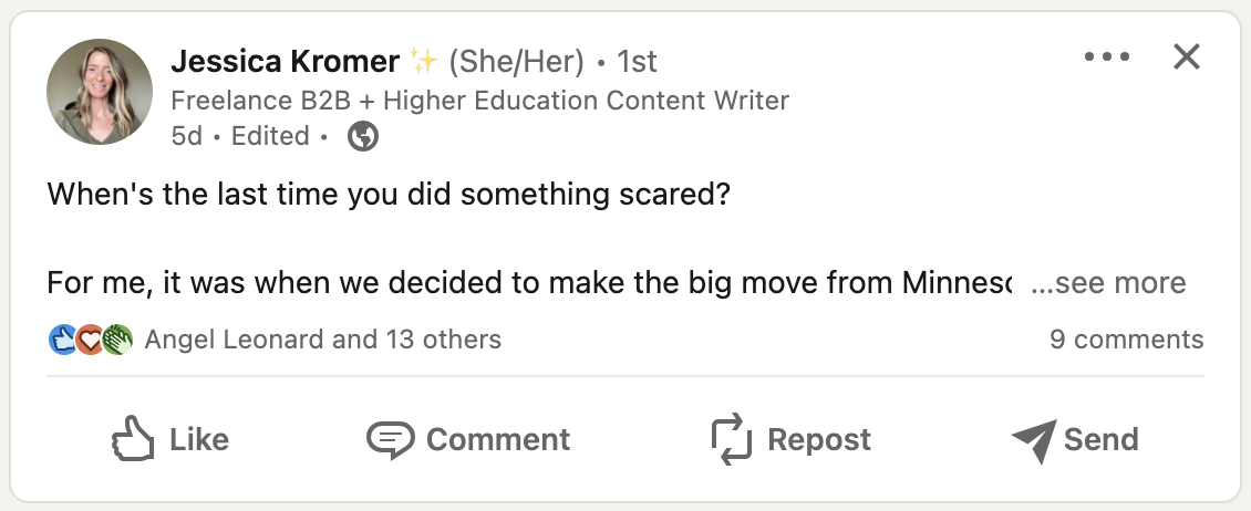A screenshot of a LinkedIn post from user Jessica Kromer