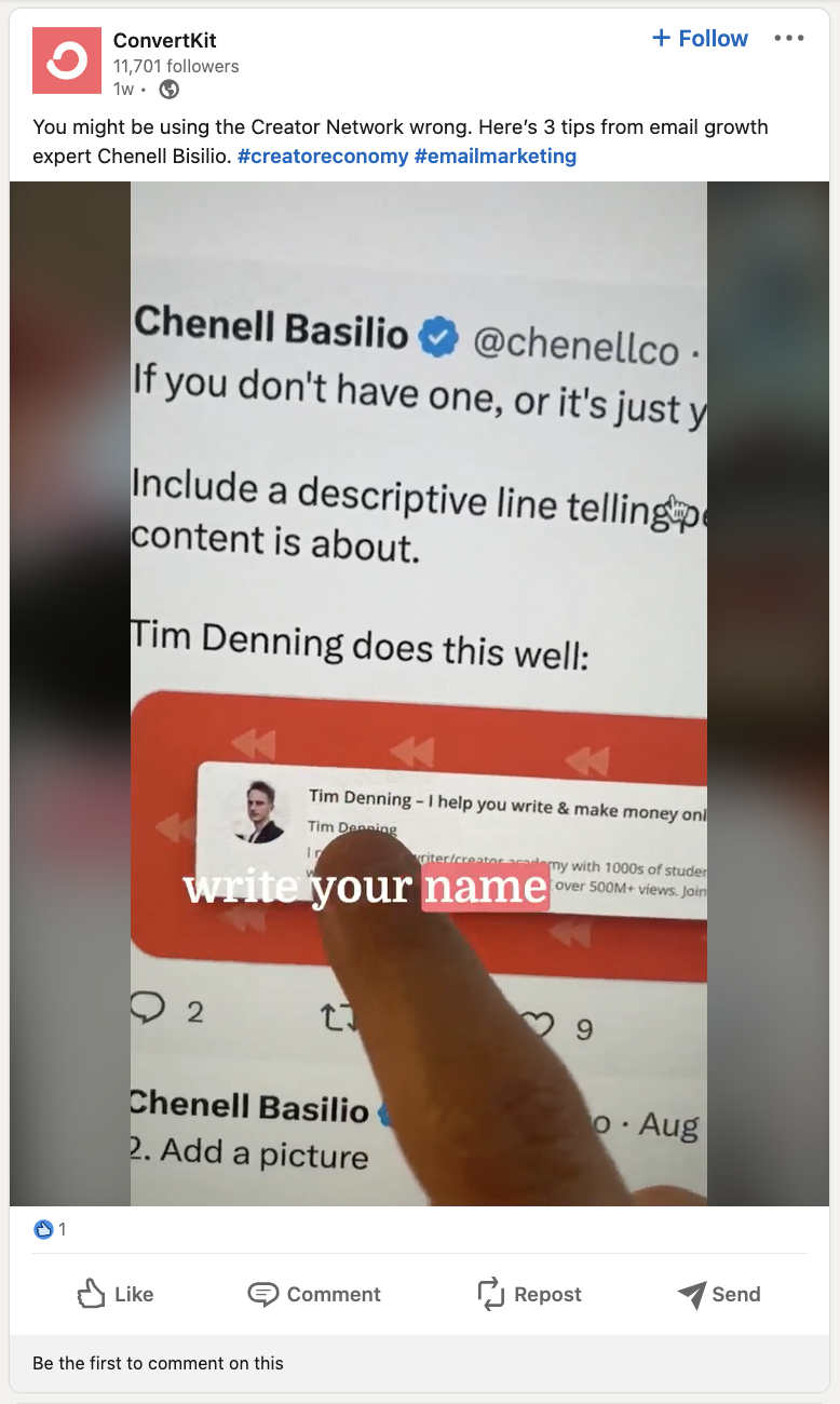 A screenshot of a LinkedIn post from ConvertKit