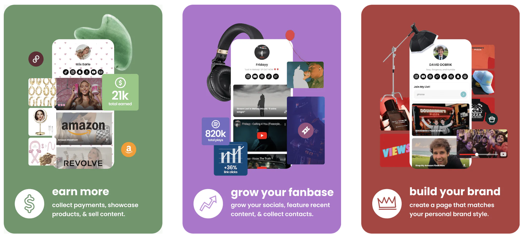 Three side-by-side screenshots of Instagram bio tool hoo.be's interface examples.