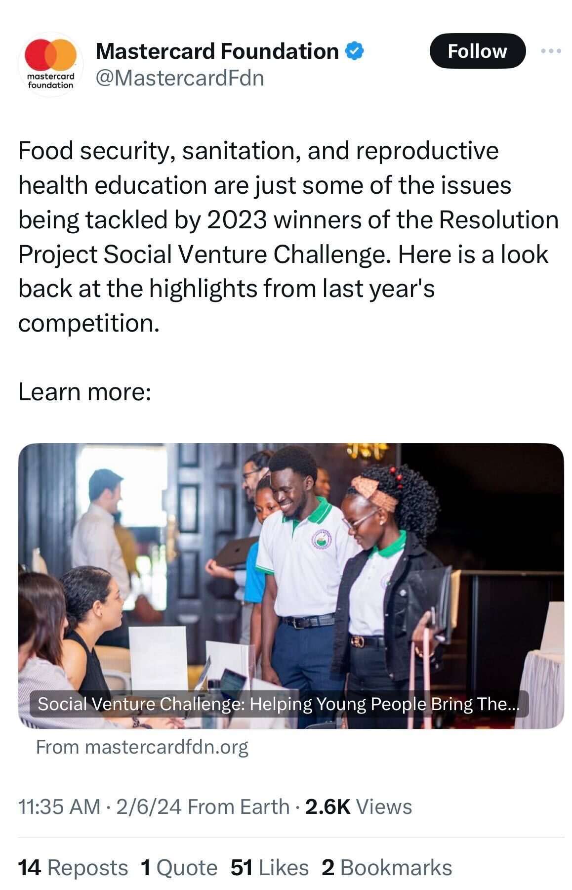 A post on X (formerly known as Twitter) from Mastercard Foundation about their annual Resolution Project Social Venture Challenge. The mentions issues such as food security, sanitation and reproductive health education.