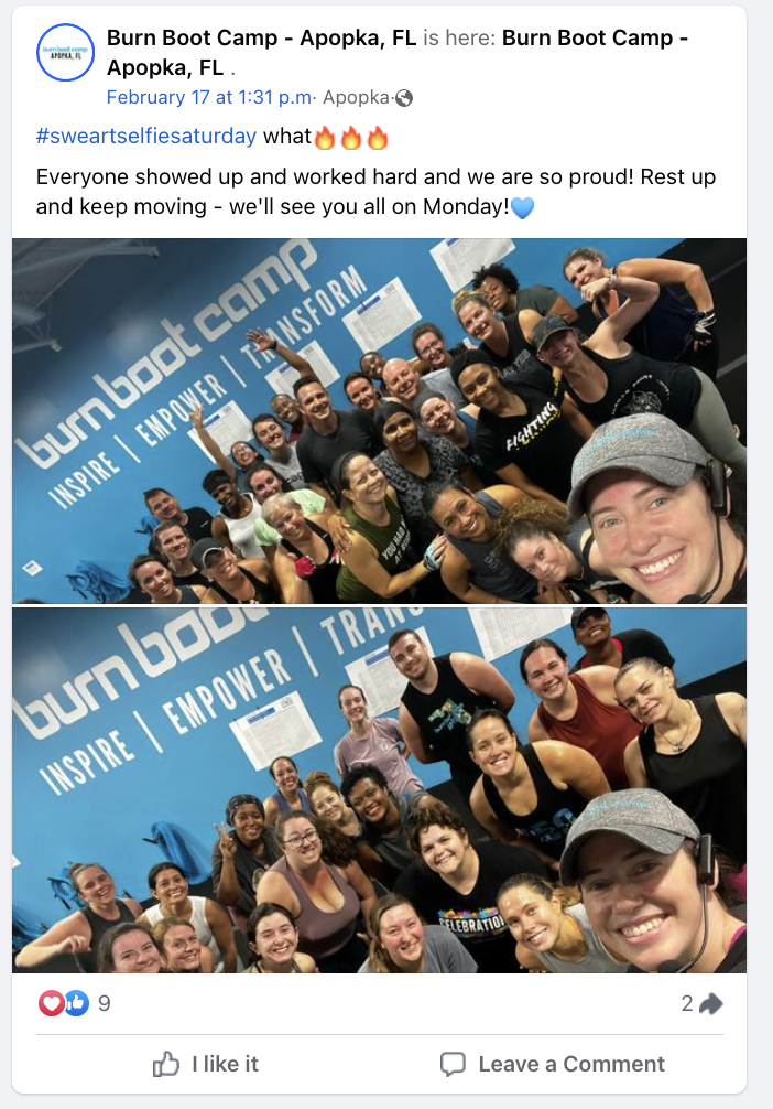 A Facebook post from Burn Boot Camp franchise location in Apopka, Florida. The photo features the gym's branding and local members. 