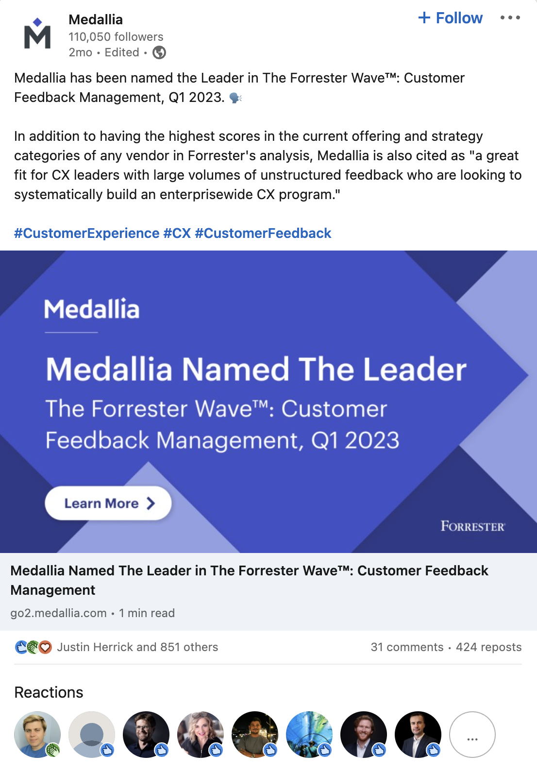 A LinkedIn post from Medallia announcing the company was named the Leader in The Forrester Wave™: Customer Feedback Management, Q1 2023. Several employees react to the post. 
