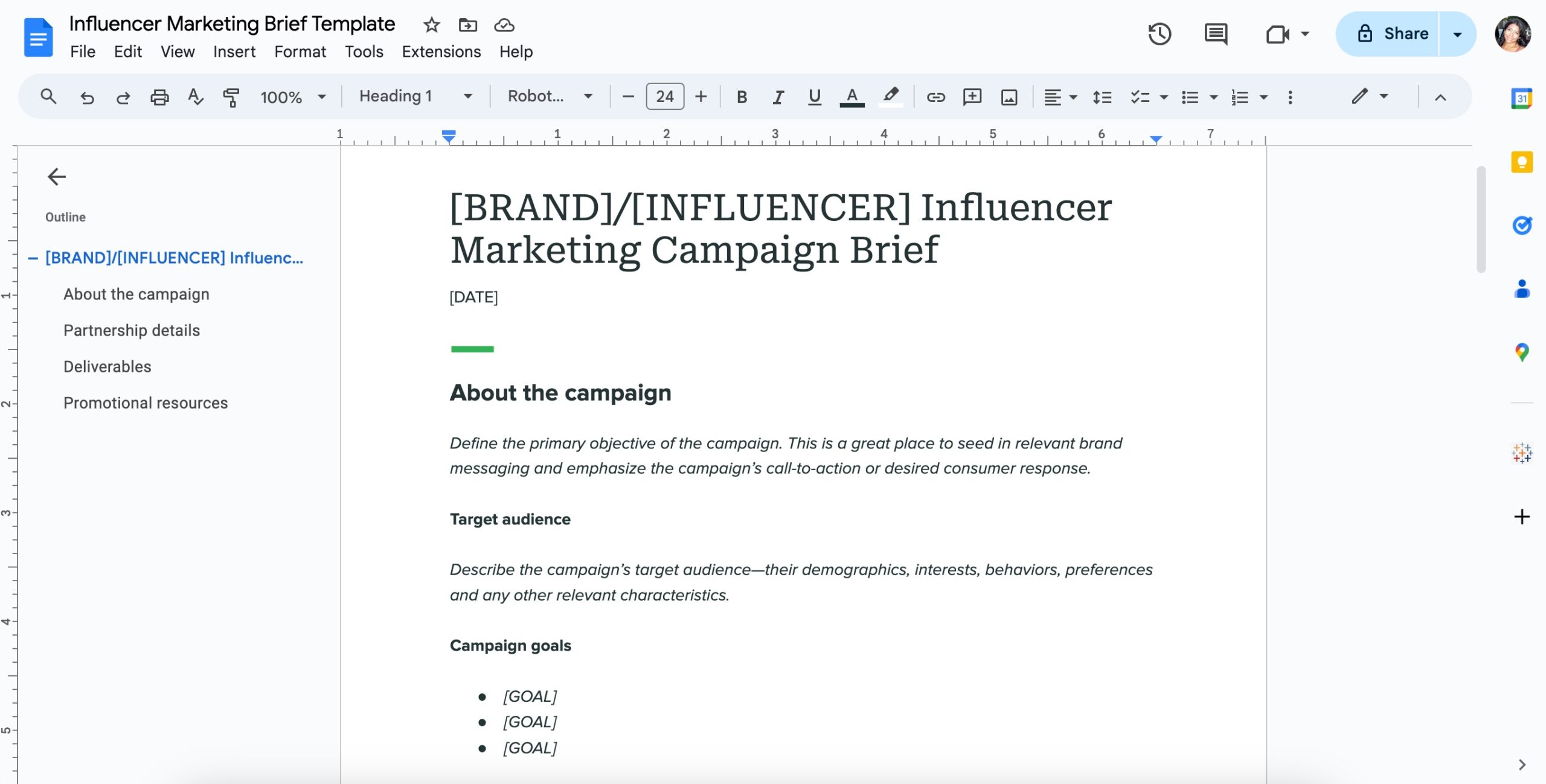 The influencer marketing brief template set up in Google Docs.