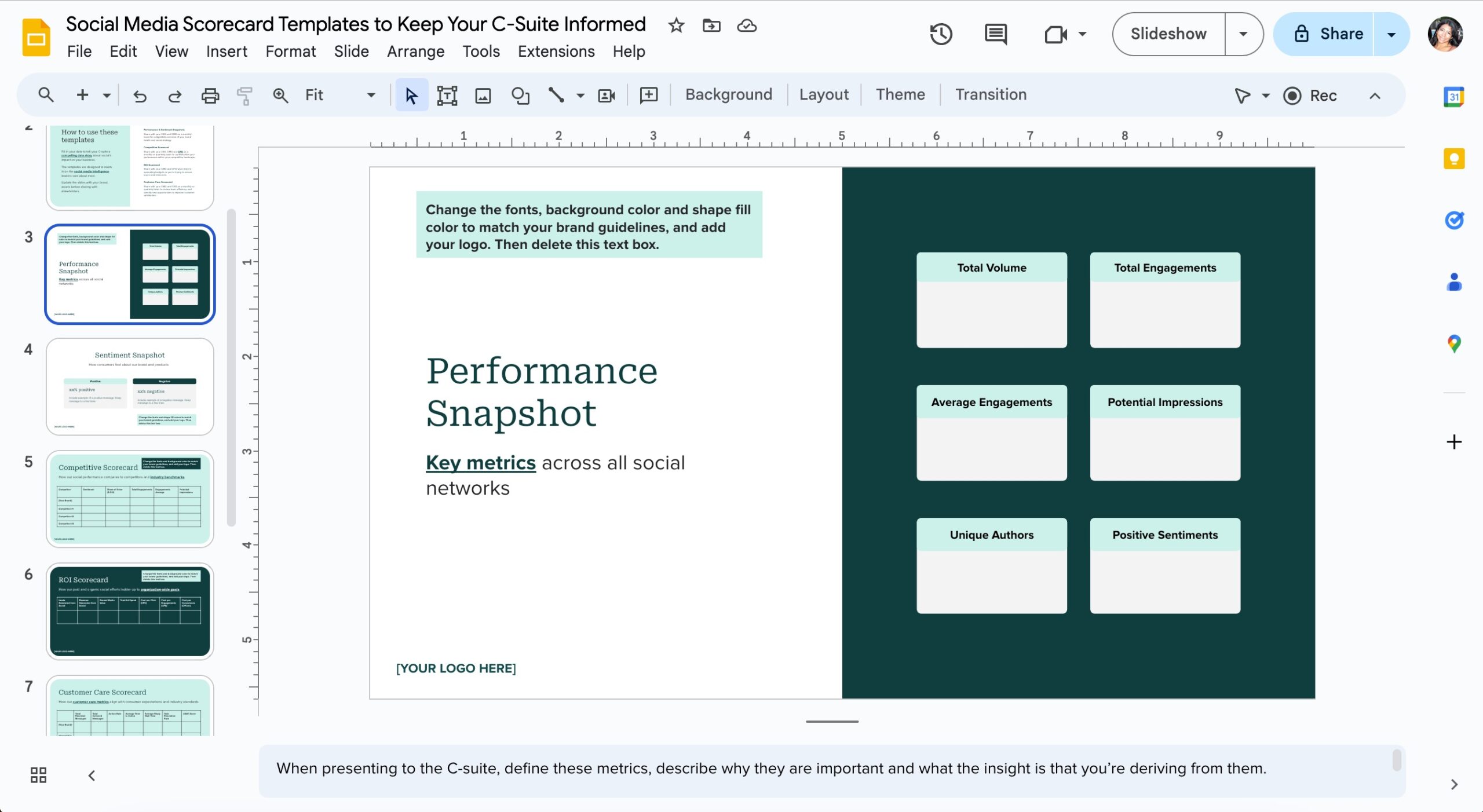The social media scorecard template open in Google Slides.