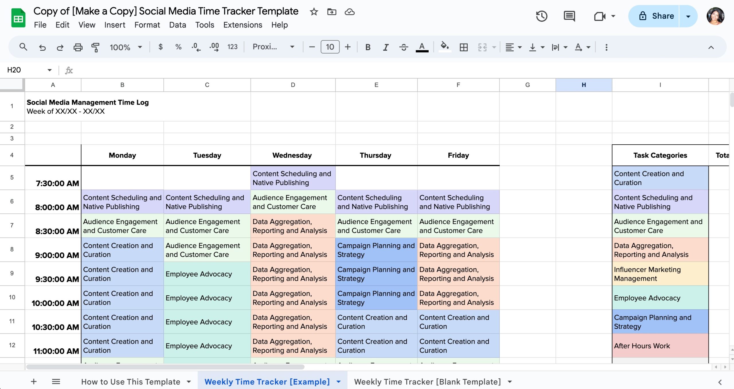 The social media time tracking template open in Google Sheets.