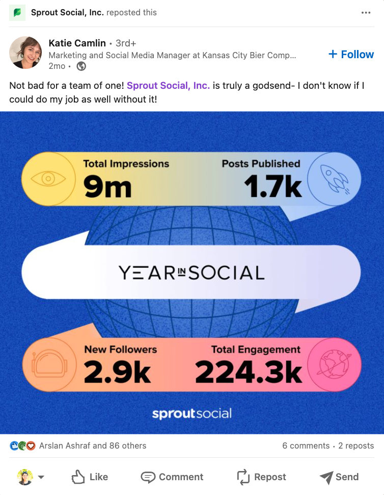 An example of Sprout Social reposting a customer's post on LinkedIn.