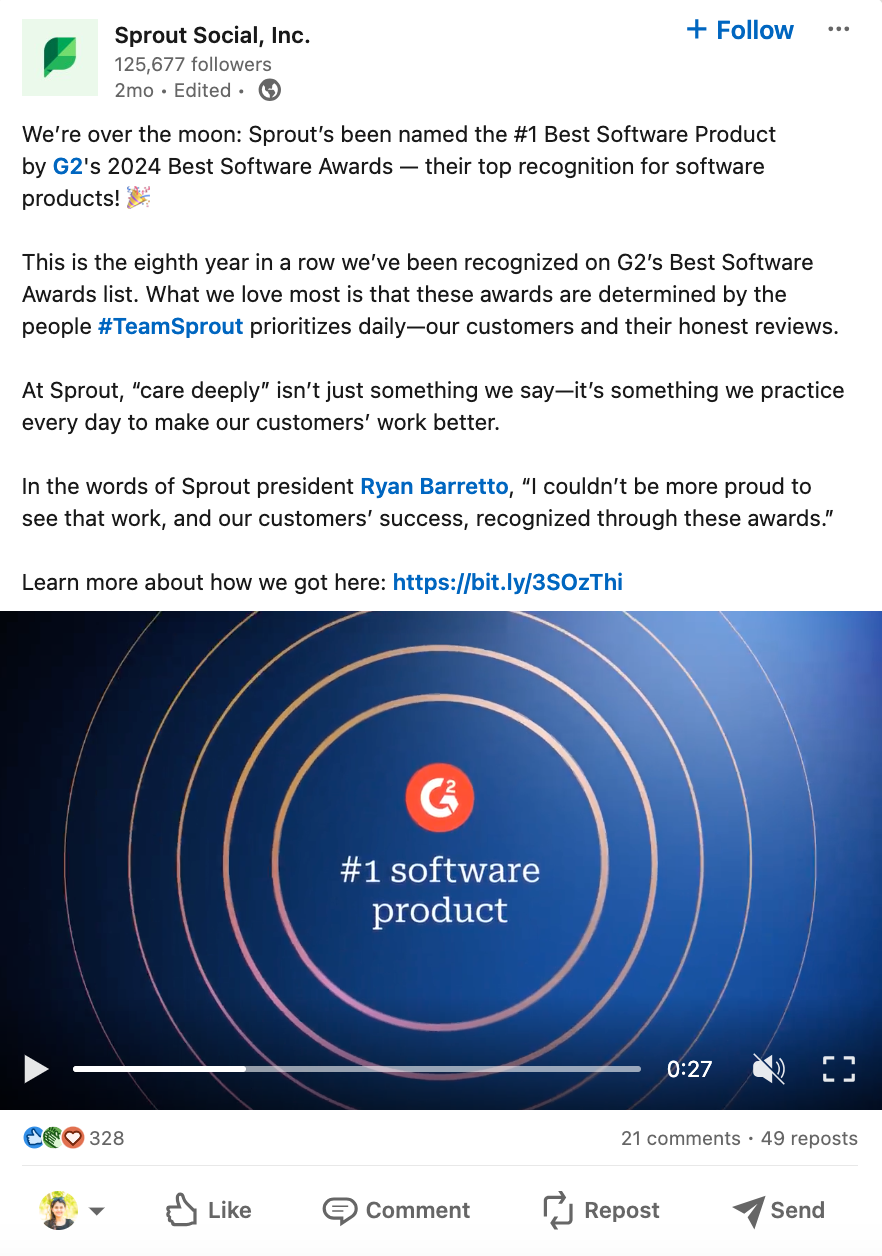 An example of a LinkedIn post from Sprout Social celebrating a win.