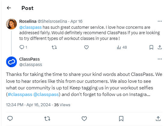 ClassPass uses conversational marketing on X to provide helpful information to their customers, earning loyalty.