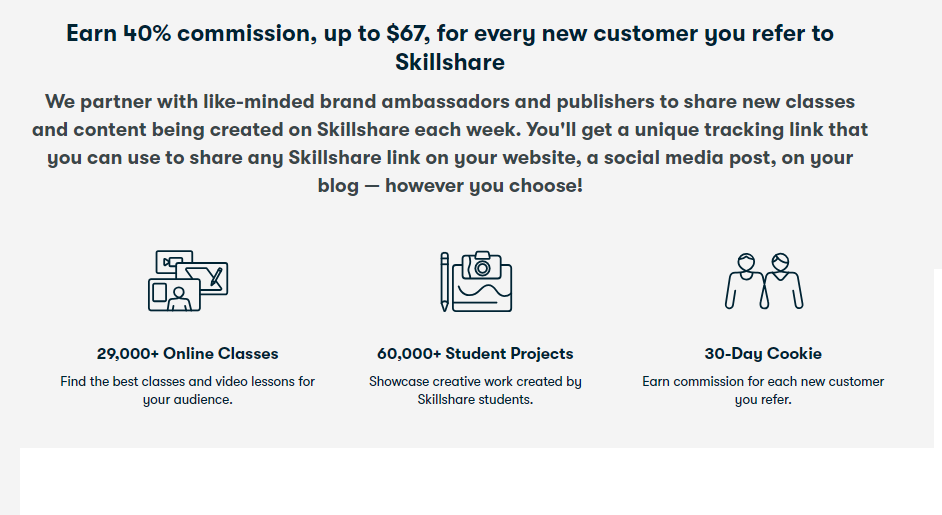 Skillshare’s affiliate marketing page, showing an example of how affiliate commissions work