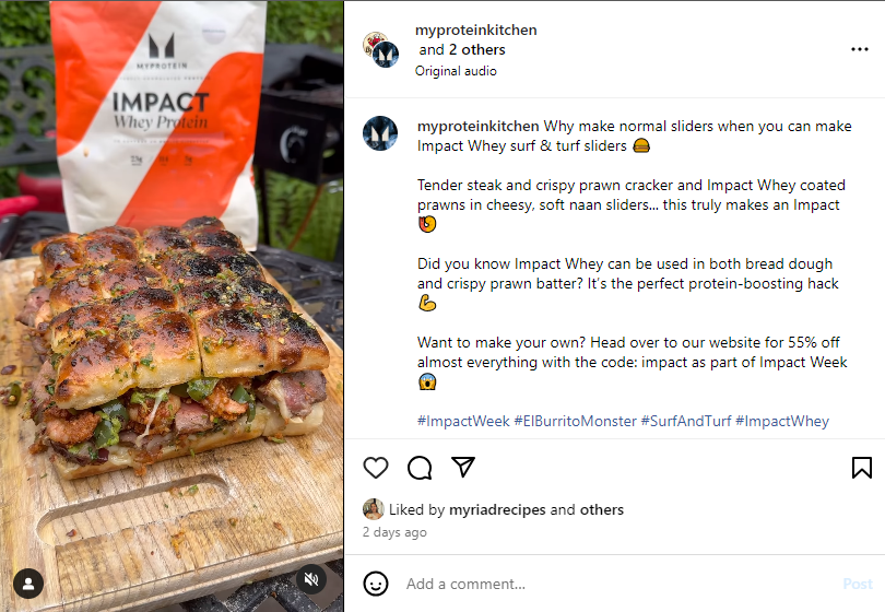 Sponsored Instagram post between elburritoman and myproteinkitchen on Instagram promoting Impact Whey Protein