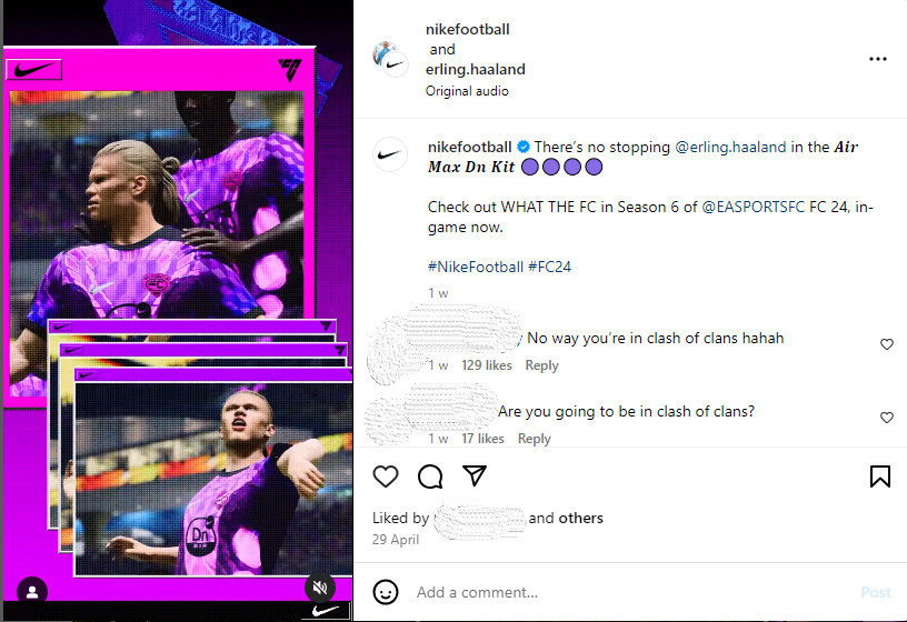 Erling Haaland’s Instagram profile, featuring a Nike brand ambassador reel post
