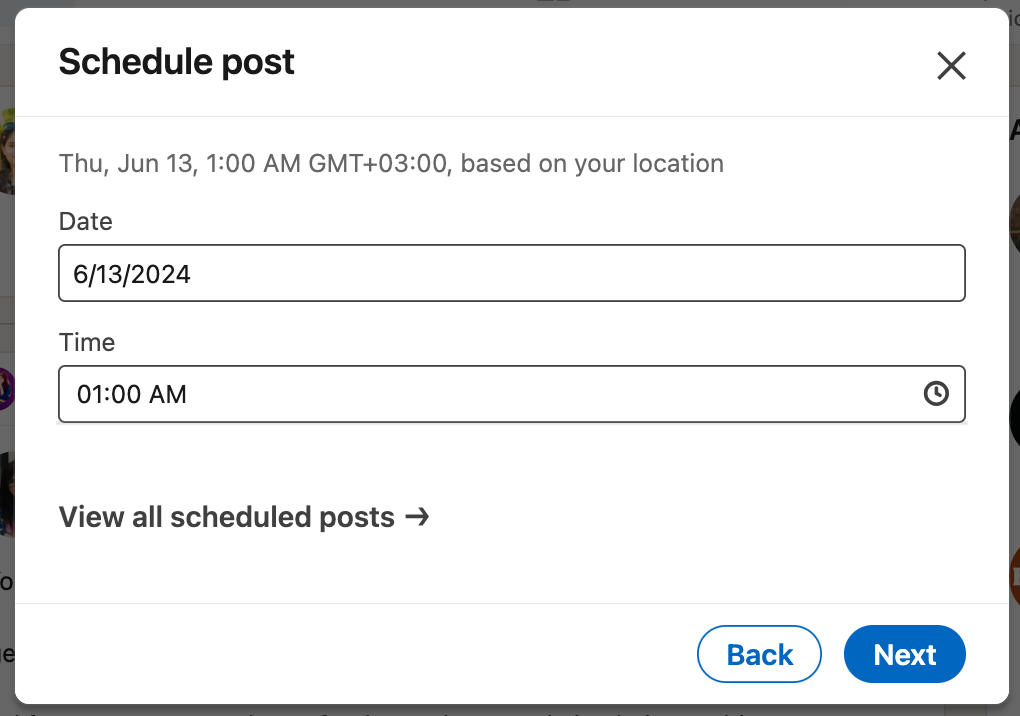 Image of the native LinkedIn post scheduler dialogue box, allowing users to select the exact date and time to schedule posts.